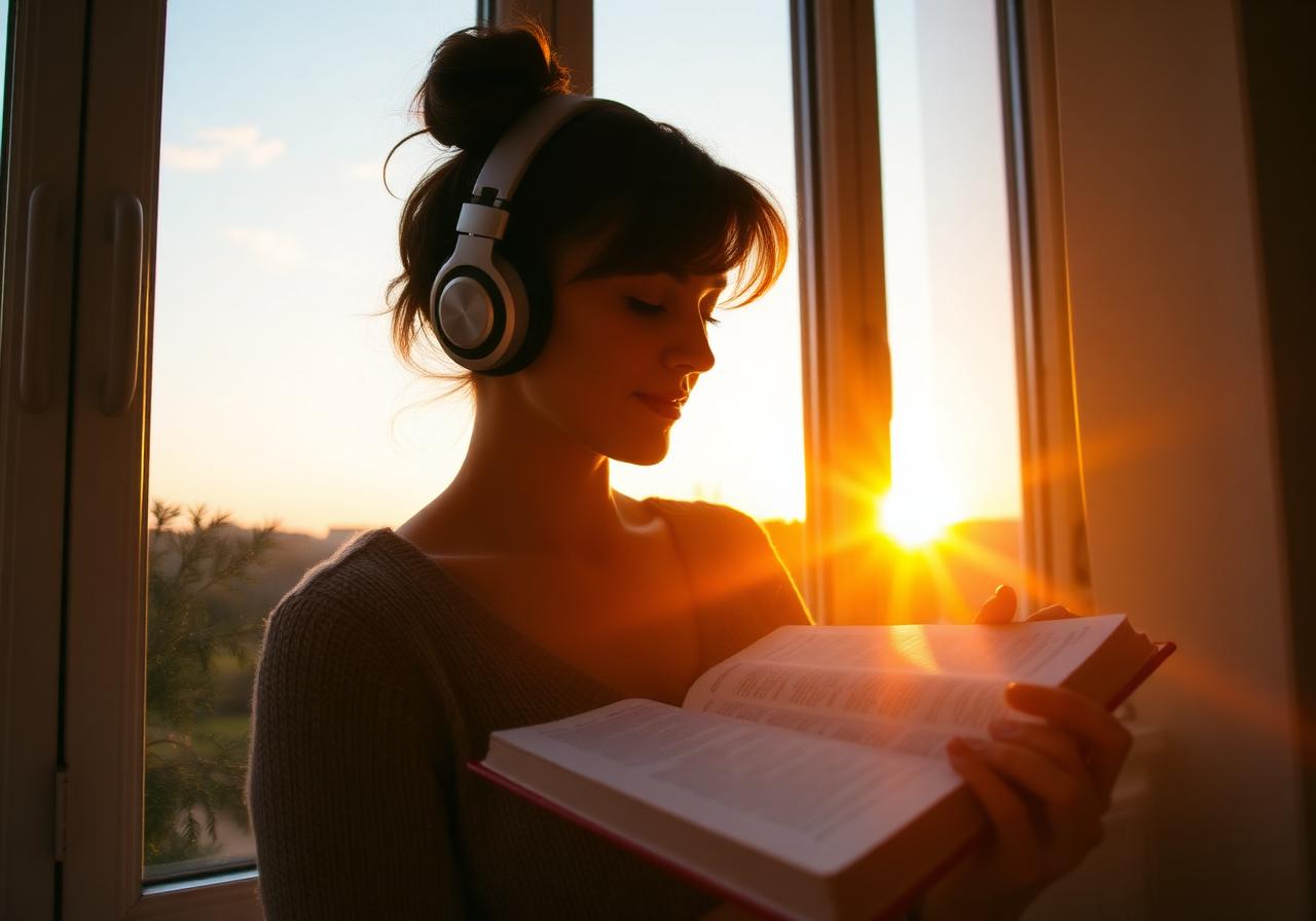 Woman listening to a devotional audio at sunrise while reading her Bible